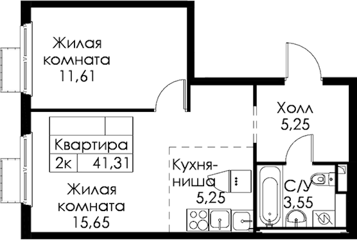 1-комнатная квартира 41.31 м², 8/15 эт., ЖК «Янинский лес»